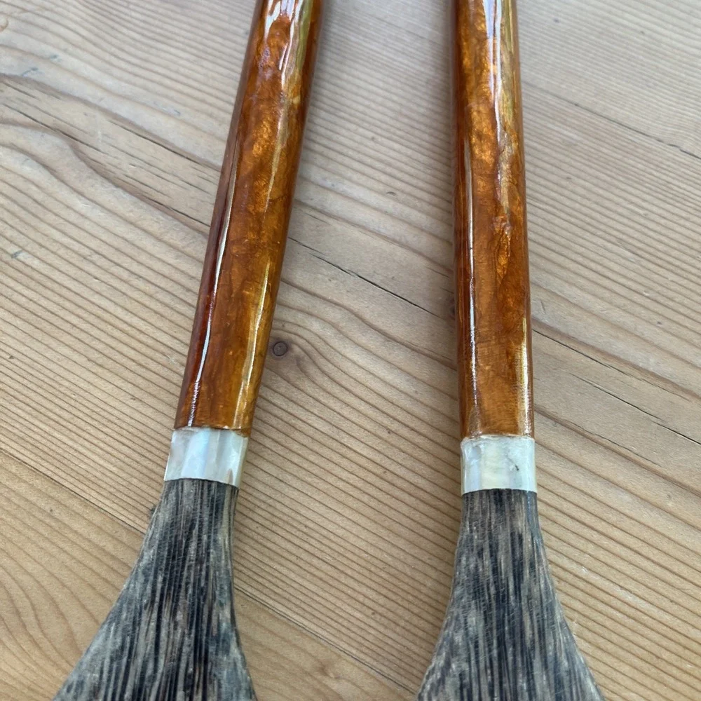 hand-carved wooden salad servers inlaid with mother of pearl handles New